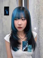 湖水藍區塊染x層次髮作品，設計師 Cheng Tao {Mike}，桃園中壢區3percent studio